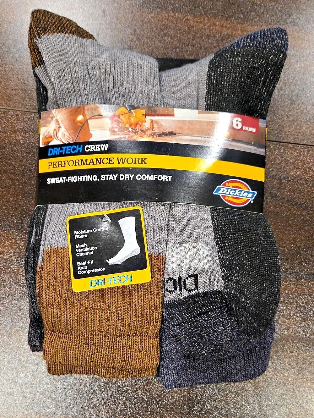 Dickies Dri-Tech Crew Performance Work Socks 6-Pack Men's Large Gray & Black